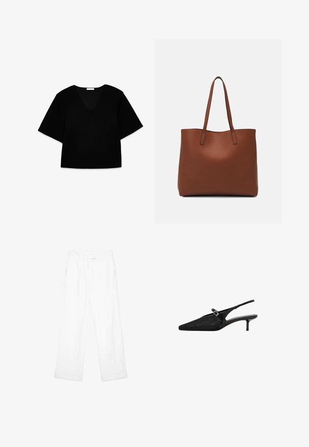 Black V-neck short-sleeve top with a loose fit. Made of soft fabric, it features a simple design and clean lines without patterns or accents.; White linen trousers with a loose fit, featuring a straight leg design, front pockets, and a flat waistband. Smooth texture throughout.; Black slingback heels with pointed toes, textured mesh upper, slim adjustable strap with silver buckle, and 5 cm stiletto heels.; Brown leather tote bag with a smooth texture, open top design, and two shoulder straps. Features minimal stitching and no visible hardware.