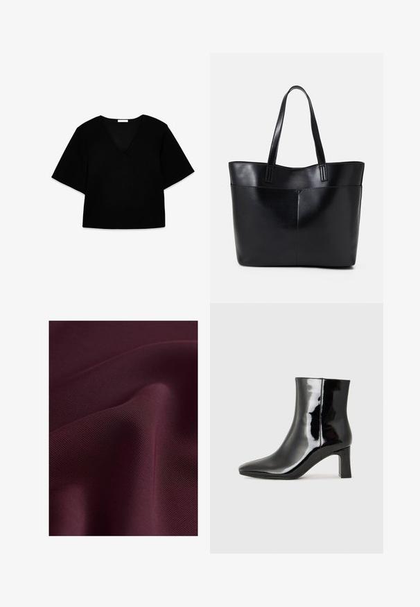 Čierny krátky rukáv V-krk top s voľným strihom. Vyrobený z jemnej tkaniny, má jednoduchý dizajn a čisté línie bez vzorov alebo akcentov.; Next ELASTICATED BACK WIDE REGULAR FIT - Nohavice - burgundy red; Čierne lakované členkové topánky s špicatou špičkou a stredne vysokým blokovým podpätkom. Hladká textúra a minimalistický dizajn.; Čierna kožená tote taška s dvoma dlhými rúčkami, hladkým povrchom a štruktúrovaným tvarom. Obsahuje prednú kapsu pre dodatočné uskladnenie.