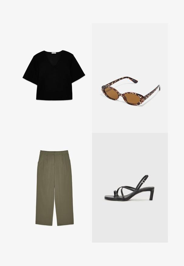 Juodas V-kaklo trumpų rankovių marškinėliai su laisvu siluetu. Pagaminta iš minkštos medžiagos, turi paprastą dizainą ir švarias linijas be raštų ar akcentų.; Alyvuogių spalvos kelnės su aukštu liemeniu, diržo kilputėmis, priekiniu raukiniu, šoninėmis kišenėmis ir plačiu džinsų kirpimu, išdėstytos ant baltos fono.; Juodi šlepetės su kvadratiniu pirštu ir žemu bloku kulnu. Yra keli ploni dirželiai ir reguliuojamas kulkšnies diržas. Pagaminti iš lygios odos.; Kaktašiai akiniai nuo saulės su ovaliais objektyvais, rudi, ploni laikikliai su tekstūruotu raštu, lengvas plastikinis rėmas.; Metalinis auksinis rankinukas su glotnia, suapvalinta forma, turintis viršutinį mygtuko užsegimą ir mažą grandinėlės dirželį nešiojimui.