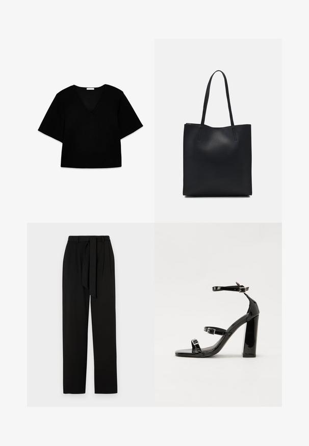 Top nero a collo a V, con maniche corte e vestibilità ampia. Realizzato in tessuto morbido, presenta un design semplice e linee pulite, senza motivi né accenti.; Pantaloni neri con vita alta, pieghe laterali e cintura in tessuto. Realizzati in un materiale liscio con gambe dritte e lunghe.; Sandali con tacco in vernice nera, con punta squadrata, cinturini alla caviglia e fibbie in argento. Presentano un tacco a blocco spesso per maggiore stabilità.; Borsa tote in pelle nera con texture liscia, forma rettangolare e due manici lunghi. Nessun hardware o decorazione visibile.