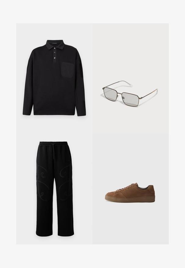 Fekete, hosszú ujjas pólóing gombos gallérral, mellzsebbel és diszkrét "Les Benjamins" logóval a bal mellrészen.; Fekete, laza szabású melegítőnadrág, bonyolult, kanyargós varrásmintákkal az oldalán, valamint rugalmas derékkal és húzózsinórral.; Barna velúr sportcipő lekerekített orral, lapos fűzőkkel és texturált gumi talppal. Egyszerű dizájn minimális kiegészítőkkel.; Barna fémkeretes napszemüveg négyzet alakú lencsékkel, szürke tónusú lencsékkel, átlátszó templomtippel, valamint narancssárga díszítéssel a templomokon.