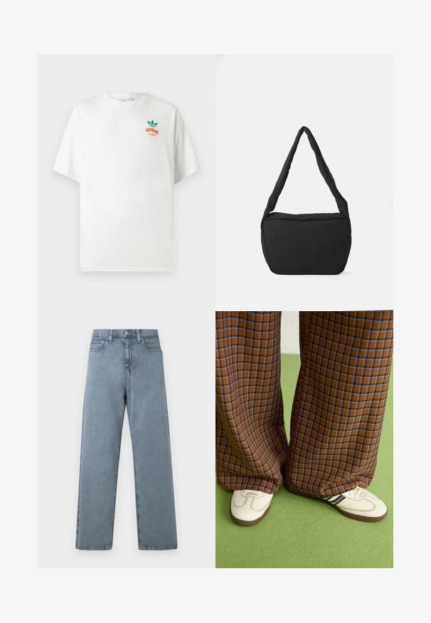 Biała bawełniana koszulka z krótkim rękawem, okrągłym dekoltem, z zielono-pomarańczowym logo "ADIDAS" na lewej klatce piersiowej.; Jasnoniebieskie dżinsy o prostym kroju, pięć kieszeni, zapięcie na metalowy guzik i lekko wyblakła tekstura.; Brązowo-niebieskie spódnice w kratę o szerokich nogawkach zestawione z białymi butami z czarnymi akcentami i teksturowaną podeszwą, na tle zielonego tła.; Czarna torba na ramię o miękkiej teksturze, zaokrąglonym kształcie i szerokim pasku, z wytłoczonym logo z przodu.
