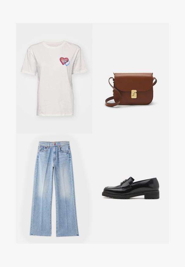 Bela bombažna majica s majhnim, večbarvnim srčnim dizajnom na levem prsnem predelu, z rdečimi in modrimi črtami ter napisom.; Svijetloplave široke traperice izrađene od denima, s visokim strukom, prednjim džepovima i čistim rubom s blagim izbljeđivanjem.; Črne polirane usnjene loafers čevlje z nizko blok peto, šivanim prstom in detajlom kovinske zaponke na zgornjem delu, prikazani v stranskem profilu na beli podlagi.; Rjava usnjena torbica s poklopcem, zlato obarvani okovi, naramnica in gladka tekstura. Kompaktna pravokotna oblika.