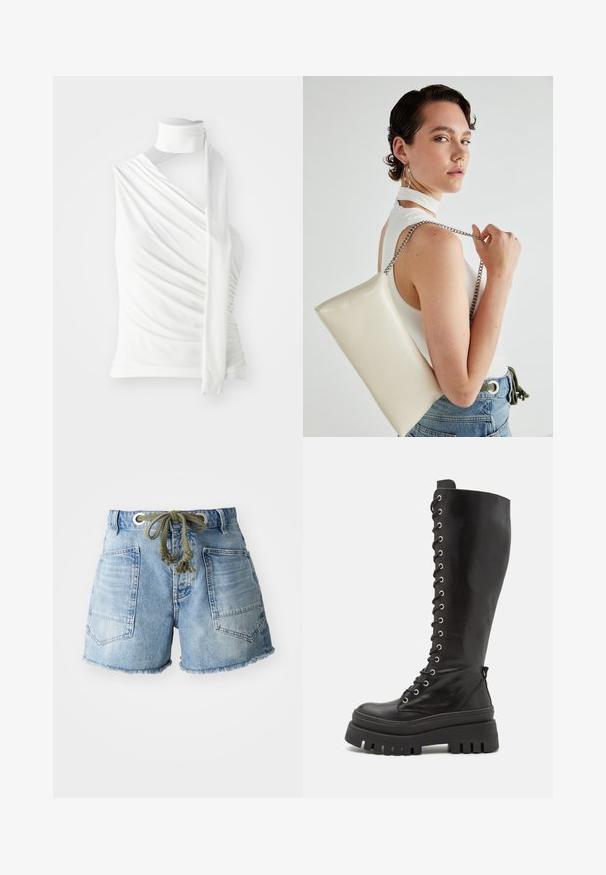 Bela brezrokavna majica z visokim ovratnikom, drapirano blago in dolgim bočnim trakom. Gladka tekstura in prilegajoča silhueta.; Denim kratke hlače v svetlo modri barvi s raztrganim robom. Imajo dva zadnja žepa in vrvico s srebrnimi litanijami za prilagodljivost.; Steve Madden CARINA - Škornji s platformo - black; Bela pravokotna torbica za ključe iz sijajnega materiala, opremljena s srebrno verižico. Model pozira in prikazuje torbico na enobarvni podlagi.