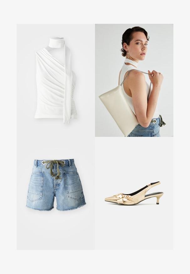 Biała bezrękawnik z wysokim dekoltem, zwisającym materiałem i długim sznurowaniem z boku. Gładka tekstura i dopasowana sylwetka.; Szorty dżinsowe w jasnoniebieskim kolorze z postrzępionym dołem. Posiadają dwie tylne kieszenie oraz sznurek ze srebrnymi oczkami do regulacji dopasowania.; Złote skórzane buty na obcasie typu slingback z uwagę na nosie, małym obcasem typu kitten oraz dwiema klamrami na przodzie. Gładka faktura, elegancki design.; Biała prostokątna kopertówka wykonana z błyszczącego materiału, z srebrnym łańcuszkiem. Modelka pozuje, prezentując torebkę na jednolitym tle.