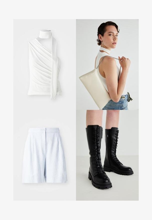 Haut sans manches blanc avec un col haut, tissu drapé et un long nœud sur le côté. Texture lisse et silhouette ajustée.; Shorts en lin bleu clair avec une coupe ajustée, front plissé, fermeture à bouton et poches latérales. Texture lisse et longueur mi-cuisse.; Bottes noires en cuir montantes avec un lacet à l'avant, fermeture éclair sur le côté, semelle en caoutchouc épaisse et détails texturés sur le dessus.; Pochette rectangulaire blanche en matériau brillant, avec une bandoulière en chaîne argentée. Le modèle pose en mettant en valeur le sac contre un fond uni.