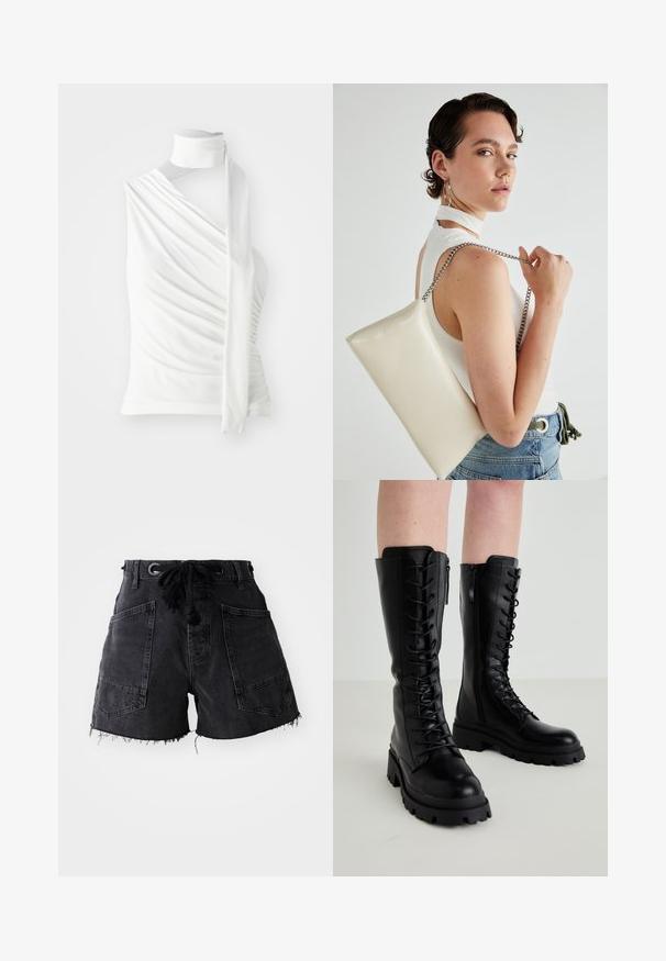Top branco sem mangas com um decote alto, tecido drapeado e um longo laço lateral. Textura suave e silhueta ajustada.; Calções de ganga pretos com bainha desfiada, apresentando dois grandes bolsos frontais e uma cintura ajustável com cordão. O material tem um acabamento texturizado.; Botas de pele pretas até ao joelho com atacadores na frente, fecho lateral em zíper, sola de borracha grossa e detalhes texturizados na parte superior.; Bolsa de mão retangular branca, feita de material brilhante, com uma alça em corrente prateada. Modelo posa, exibindo a bolsa contra um fundo simples.