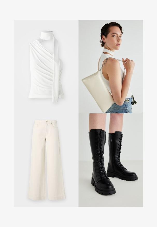 Balts bez piedurknēm tops ar augstu kakla izgriezumu, plūstoša auduma un garu sānu saišu. Gluda tekstūra un pieguļoša siluets.; Platas kājas, gaiši pelēkas džinsu bikses ar augstu jostasvietu, divām priekšējām kabatām, pogu aizdari un smalku šuvju apdari.; Melna ādas ceļa augstuma zābaki ar auklām priekšpusē, sānu rāvējslēdzēju, masīvu gumijas zoli un teksturētu apdari augšējā daļā.; Balts taisnstūra clutch soma, izgatavota no spīdīga materiāla, ar sudraba ķēdes siksnu. Modelis pozē, demonstrējot somu uz vienkārša fona.