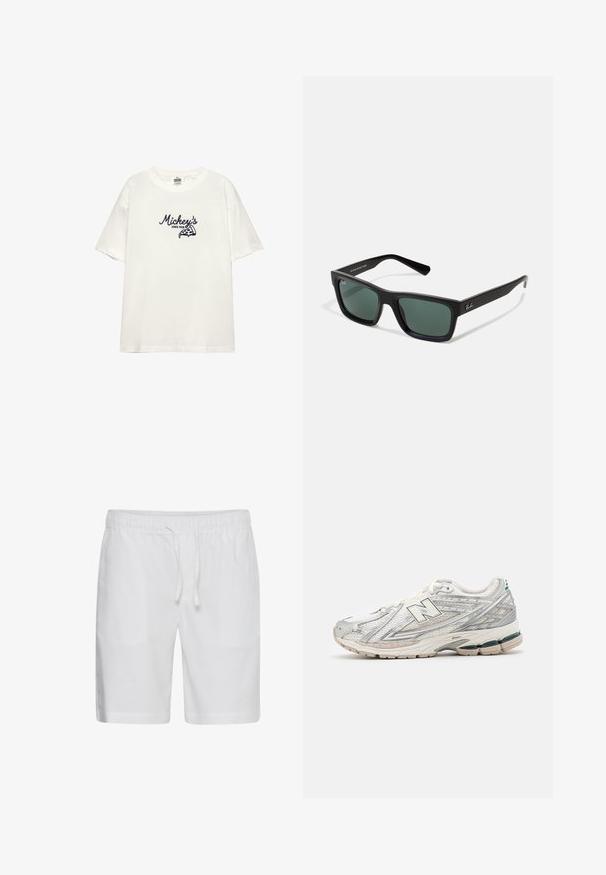 Tricou din bumbac alb, cu mâneci scurte. Prezintă text brodat de culoare albastru închis "Mickey's" și un grafic cu pizza. Guler simplu de tip crew.; Casual Friday CFPHELIX LINEN MIX - Pantaloni scurți - bright white; Pantofii de alergare au un upper din plasă argintie și albă, cu un accent verde. Talpa este groasă și texturată, proiectată pentru amortizare și suport.; Ochelari de soare dreptunghiulari negri cu lentile verzi, având un finisaj mat, temple drepte și logo-ul Ray-Ban pe lateral.