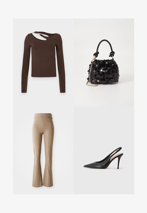 Haut marron à manches longues en tissu extensible, présentant un design découpé au niveau du col et un détail de zip doré sur l'épaule.; Leggings beige évasés en tissu extensible ; dotés d'une large taille repliable et de coutures discrètes. Texture lisse, design ajusté.; Escarpin à talon haut en cuir noir avec un bout pointu, une texture lisse et une délicate bride avec une boucle métallique.; Mini sac à main en sequins noirs avec une bandoulière texturée nouée et une chaîne argentée. Forme arrondie avec un haut froncé et des détails réfléchissants.