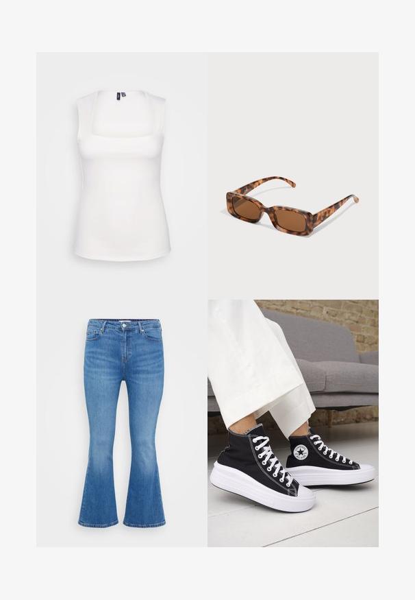 White sleeveless top with a square neckline, made from smooth elastic material, featuring minimal stitching and no visible patterns.; Light blue denim flared jeans, featuring a high waist, five pockets, and a classic button closure. Smooth texture with subtle fading.; Black high-top sneakers with white rubber soles and laces. Features a round logo patch and contrasting white stitching. Canvas material.; Tortoiseshell sunglasses with rectangular brown lenses, a thick frame, and slim arms featuring a pattern of varying shades of brown.