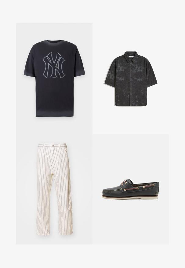 Dark gray cotton t-shirt featuring a prominent gray NYC logo in a contrasting center. Short sleeves and a classic crew neck design.; Short-sleeve, button-up shirt in dark gray with a textured fabric and subtle mottled pattern. Features a pointed collar and straight hem.; Beige striped trousers with a relaxed fit, featuring vertical brown stripes, a front button closure, and side pockets.; Black leather boat shoe with a rounded toe, white rubber sole, gold eyelets, and contrasting maroon laces. Features stitched detailing.