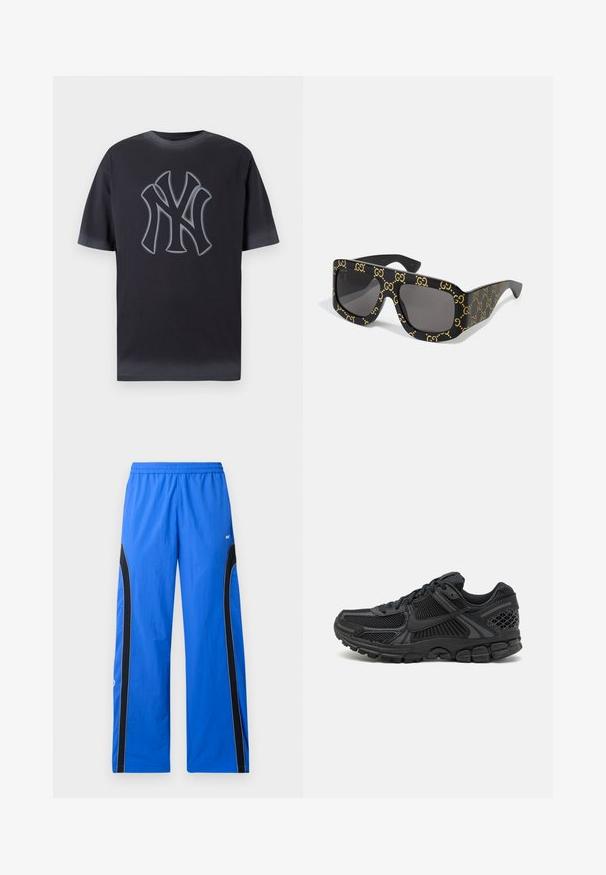 T-shirt de algodão cinza escuro com um logo proeminente de NYC em cinza contrastante ao centro. Mangas curtas e um design clássico de gola redonda.; Calças de desporto azuis feitas de um tecido leve, com painéis laterais pretos e detalhes em branco. Cintura elástica para um ajuste seguro.; Sapatilha atlética preta com parte superior em malha, sola de borracha e toques texturizados. O design inclui um sistema de atacadores pronunciado e sola almofadada.; Óculos de sol pretos com armações quadradas oversized apresentando um padrão repetido de logótipos "GG" em dourado. Lentes cinzentas com uma textura suave.
