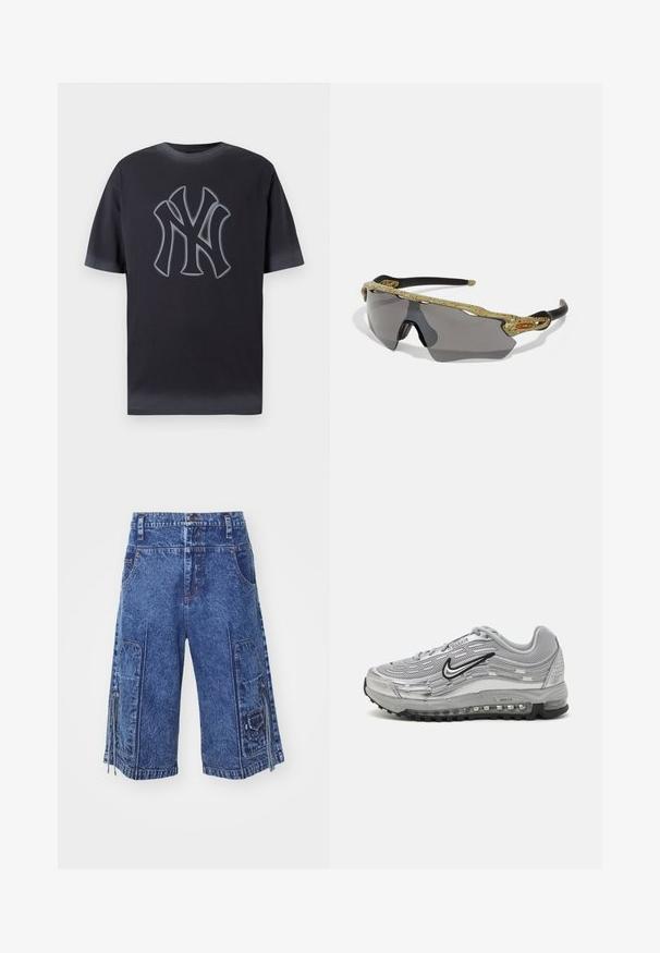 Tamsiai pilka medvilnės marškinėliai su ryškiu pilku Niujorko logotipu kontrastingame centre. Trumpomis rankovėmis ir klasikinio apvalaus kaklo dizainu.; Džinsinio audinio cargo šortai vidutinio mėlynumo su priekinėmis kišenėmis, šoninėmis cargo kišenėmis ir užtrauktuko detalėmis. Turi tiesų siluetą ir tekstūruotą audinį.; Pilki Nike Air Max sportbačiai su tinklelio ir sintetinės medžiagos viršumi, bangomis primenančiu dizainu, juodais akcentais ir matoma oro amortizavimo kliūtimi.; Sportiški akinių nuo saulės rėmeliai su žaliu raštu, juodais šonais ir pilkais objektyvais. Dizainas pasižymi apvaliu stiliumi ir ryškiu, sportišku pavidalu.