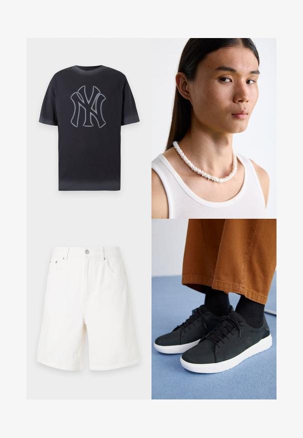Mørkegrå bomull T-skjorte med en fremtredende grå NYC-logo i en kontrastfarge plassert i midten. Korte ermer og klassisk rund hals-design.; Hvit denimshorts med rett snitt, fem lommer og lukkemekanisme med sølvknapp. Har en robust tekstur og kantede kanter.; Svarte semskede sneakers med hvite gummisåler, med snøring, teksturerte detaljer og subtil branding, sammen med brune bukser.; Hvit skjellkjede bestående av uregelmessige former, båret over en tettsittende hvit tanktop. Glatt tekstur med subtil glans, tettsittende design.