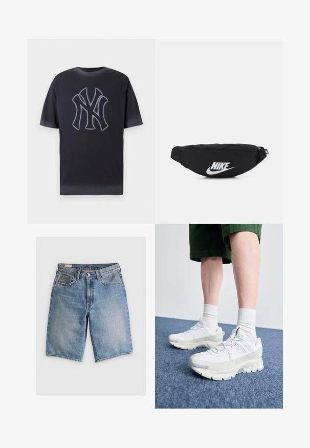 Tmavě šedé bavlněné tričko s výrazným šedým logem NYC na kontrastním středu. Krátké rukávy a klasický design s kulatým výstřihem.; Džínové šortky v světlé modré barvě s klasickým střihom. Mají pět kapes, oranžové švy a okraje s odřením.; Bílé sportovní boty s texturovanými překryvy, masivní podrážkou a šedými akcenty. Na nohou mají bílé ponožky a zelené šortky na modrém povrchu.; Černá nylonová ledvinka s uzávěrem na zip, s velkým bílým logem Nike. Hladký povrch a ergonomický design pro pohodlné nošení.