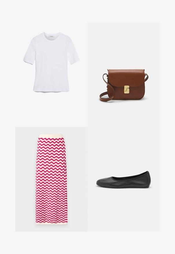 Weißes kurzärmliges T-Shirt aus geripptem Stoff. Runder Halsausschnitt, normale Passform und dezente Nähte. Keine Muster oder Grafiken.; Strick-Midi-Rock mit einem wellenförmigen Muster in Rosa und Weiß. Elastischer Bund und strukturierte Oberfläche. Gerade Silhouette und knöchellang.; Schwarze Leder-Ballettschuhe mit abgerundeter Spitze, glatter Textur, minimalen Nähdetails und einem flexiblen Sohlen-Design.; Braune Ledertasche mit Klappenverschluss, Beschlägen in Goldfarbe, einem Schultergurt und einer glatten Oberfläche. Kompakte rechteckige Form.