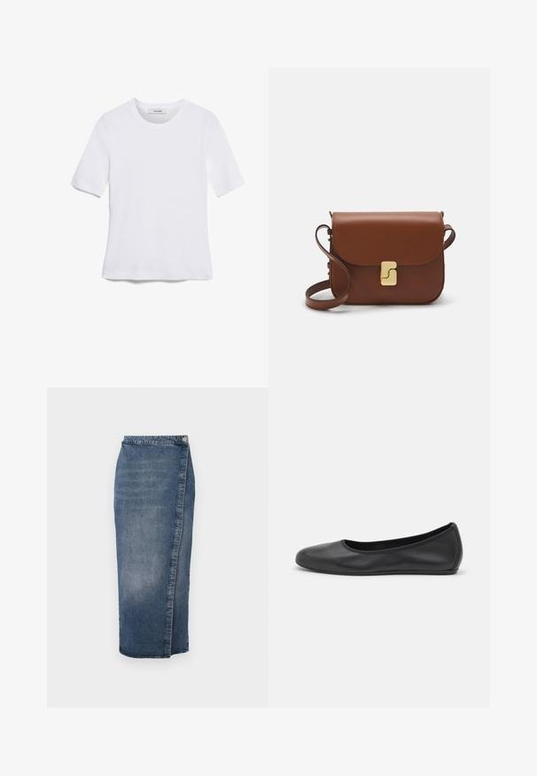 T-shirt de manga curta branca feita de tecido canelado. Decote redondo, ajuste regular e detalhes de costura subtis. Sem padrões ou gráficos.; Saia midi de denim azul escuro com silhueta reta, textura desbotada e fecho de botão lateral. Apresenta uma bainha crua e costura mínima.; Bailarina preta em pele com bico arredondado, textura suave, detalhe de costura minimalista e design de sola flexível.; Bolsa de couro castanho com fecho de aba, decoração em tom dourado, alça de ombro e textura suave. Formato retangular compacto.