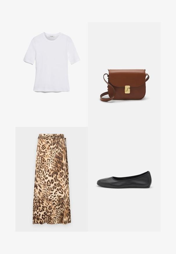 Bela kratka majica s kratkimi rokavi iz rebrastega materiala. Okrogla ovratnica, običajen kroj in subtilni šivi. Brez vzorcev ali grafik.; Maksi krilo v leopardjem vzorcu, narejeno iz gladkega materiala v bež in rjavih odtenkih, s pletenim pasom. Elegantna drapirana silhueta.; Črne usnjene balerinke z zaobljenim nosom, gladko teksturo, minimalnimi šivi in fleksibilno zasnovo podplata.; Rjava usnjena torbica s poklopcem, zlato obarvani okovi, naramnica in gladka tekstura. Kompaktna pravokotna oblika.