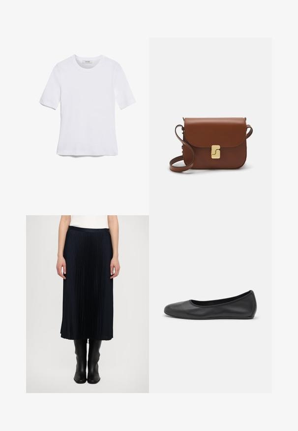 T-shirt bianca a maniche corte realizzata in tessuto a costine. Collo rotondo, vestibilità regolare e dettagli di cucitura sottili. Senza motivi o grafiche.; Gonna midi plissettata di un blu navy scuro, con una vita liscia e una consistenza fluida, abbinata a eleganti stivali neri alla caviglia.; Pantofole da balletto nere in pelle con punta arrotondata, texture liscia, dettagli di cucitura minimi e design con suola flessibile.; Borsa a tracolla in pelle marrone con chiusura a pattina, hardware color oro, tracolla e una finitura liscia. Forma rettangolare compatta.