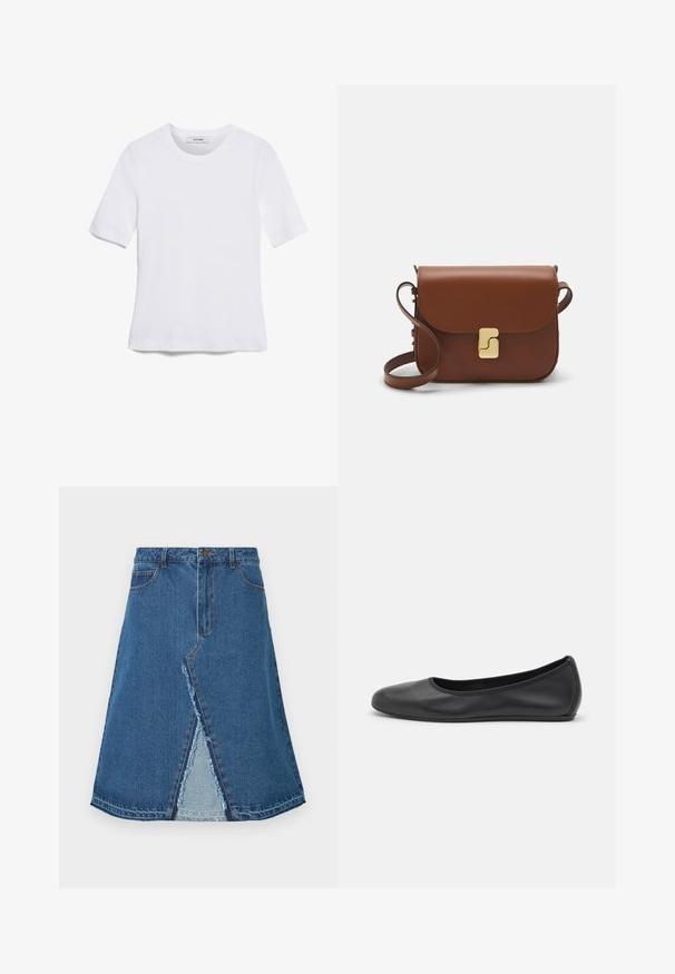T-shirt blanc à manches courtes en tissu côtelé. Col rond, coupe régulière et détails de couture subtils. Aucune motif ni graphique.; Jupe en denim bleu avec une forme évasée, présentant une fente à l'avant et un ourlet effiloché. Design classique à cinq poches et fermeture à bouton métal.; Ballerines en cuir noir avec un bout rond, texture lisse, détails de couture minimalistes et design de semelle flexible.; Sac à main en cuir marron avec une fermeture à rabat, des accents en métal doré, une bandoulière et une texture lisse. Forme rectangulaire compacte.