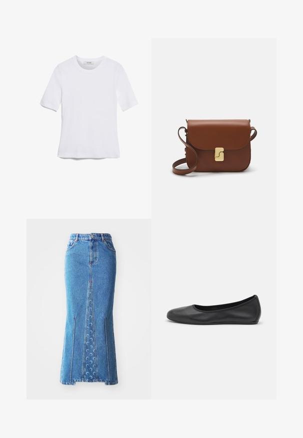 T-shirt bianca a maniche corte realizzata in tessuto a costine. Collo rotondo, vestibilità regolare e dettagli di cucitura sottili. Senza motivi o grafiche.; Gonna midi in denim di colore azzurro chiaro con spacco frontale, cuciture a contrasto, due tasche laterali e sottili dettagli a motivo ondulato.; Pantofole da balletto nere in pelle con punta arrotondata, texture liscia, dettagli di cucitura minimi e design con suola flessibile.; Borsa a tracolla in pelle marrone con chiusura a pattina, hardware color oro, tracolla e una finitura liscia. Forma rettangolare compatta.