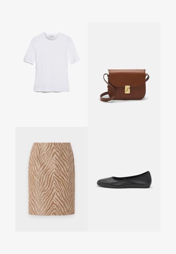 Tricou alb cu mânecă scurtă, confectionat dintr-un material texturat. Gât rotund, tăietură regulară și detalii subtile de cusătură. Fără modele sau grafice.; Fustă mini bej cu un pattern texturat de dungi Zebra în nuanțe mai închise. Prezintă o finisare netedă și un design ajustat, cu pliuri în față.; Balerini din piele neagră, cu vârf rotund, textură netedă, detalii de cusătură minimale și un design al tălpii flexibil.; Geantă de piele maro cu închidere tip capac, accesorii de culoare aurie, curea de umăr și o textură netedă. Formă compactă și rectangulară.