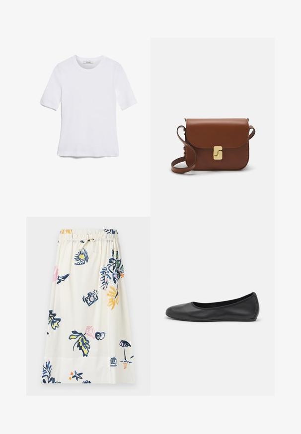 Balta trumpa rankovėmis marškinėliai, pagaminti iš pasiruošusio audinio. Apvali iškirptė, reguliari tinkamumas ir subtilūs siuvimo detalės. Be raštų ar grafikos.; Balta iki kelių ilgio sijonas, dekoruotas gėlių ir ikonografiniu raštu mėlynos, rožinės ir geltonos spalvos tonais. Lankstus juosmuo su raiščio detale.; Juodai odiniai baletai su apvaliu pirštu, lygi texture, minimalus siuvimo detales ir lanksčiu padų dizainu.; Ruda odinė rankinė su uždaromu dangteliu, aukso spalvos detalėmis, petneša ir lygiu paviršiumi. Kompaktiška stačiakampio formos.