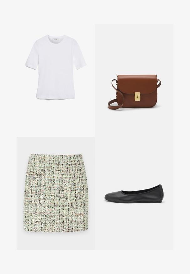 Fehér, rövid ujjú póló ribbed anyagból. Kerek nyakkivágás, normál szabás és diszkrét varrási részletek. Nincsenek minták vagy grafikák.; Rövid zöldeskék tweed szoknya, texturált anyaggal, mely több színben mintázott, két elülső zsebbel és ezüst gomb díszítéssel.; Fekete bőr balettcipő lekerekített orral, sima tekstúrával, minimális varrással és rugalmas talp kialakítással.; Barna bőr kézitáska, hajtókás zárással, arany színű fém kiegészítőkkel, vállpánttal és sima felülettel. Kompakt téglalap alakú.