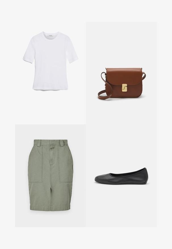 Balta īsām piedurknēm T-krekls, izgatavots no ribota auduma. Apaļš izgriezums, regulāra piegriezuma un diskrēti šuvumu detaļas. Bez printiem vai grafikām.; Haki kokvilnas svārki ar taisnu piegriezumu, divām priekšējām kabatām, rāvējslēdzēju un jostas cilpām. Gluda tekstūra ar maigu spīdumu.; Melna ādas baleta kurpe ar noapaļotu purngalu, gludu tekstūru, minimālu šuvju detalizāciju un elastīgu zoles dizainu.; Bordo ādas rokas soma ar atloku, zeltītām detaļām, plecu siksnu un gludu virsmu. Kompakta, taisnstūrveida forma.