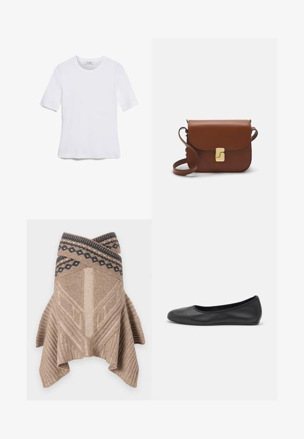 Fehér, rövid ujjú póló ribbed anyagból. Kerek nyakkivágás, normál szabás és diszkrét varrási részletek. Nincsenek minták vagy grafikák.; Beige kötött poncsó bordázott textúrával, geometrikus mintázattal és sötétkék kontrasztos mintás szegéllyel. Lógó, aszimmetrikus alj.; Fekete bőr balettcipő lekerekített orral, sima tekstúrával, minimális varrással és rugalmas talp kialakítással.; Barna bőr kézitáska, hajtókás zárással, arany színű fém kiegészítőkkel, vállpánttal és sima felülettel. Kompakt téglalap alakú.