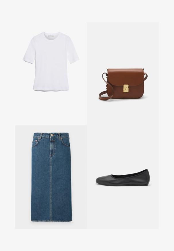Fehér, rövid ujjú póló ribbed anyagból. Kerek nyakkivágás, normál szabás és diszkrét varrási részletek. Nincsenek minták vagy grafikák.; Sötétkék denim midi szoknya egyenes fazonban, elülső zsebekkel és rézszínű hardverelemekkel. Jellemzői között szerepel a varrás a varratok mentén és a gombos záródás.; Fekete bőr balettcipő lekerekített orral, sima tekstúrával, minimális varrással és rugalmas talp kialakítással.; Barna bőr kézitáska, hajtókás zárással, arany színű fém kiegészítőkkel, vállpánttal és sima felülettel. Kompakt téglalap alakú.