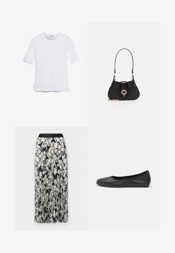 Weißes kurzärmliges T-Shirt aus geripptem Stoff. Runder Halsausschnitt, normale Passform und dezente Nähte. Keine Muster oder Grafiken.; Weekend Max Mara PAGANO - A-Linien-Rock - blu; Schwarze Leder-Ballettschuhe mit abgerundeter Spitze, glatter Textur, minimalen Nähdetails und einem flexiblen Sohlen-Design.; sandro JANET - Handtasche - noir