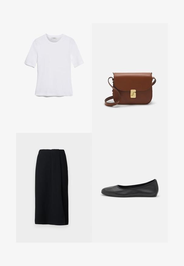 Witte korte mouwen t-shirt van ribstof. Ronde halslijn, normale pasvorm en subtiele stiksels. Geen patronen of grafische elementen.; WEEKEND MaxMara DEBORAH - Kokerrok - nero; Zwarte leren ballerina met een ronde neus, gladde textuur, minimale stikdetails en een flexibele zoolontwerp.; Bruine leren handtas met een klep sluiting, gouden hardware, een schouderband en een gladde textuur. Compact rechthoekige vorm.