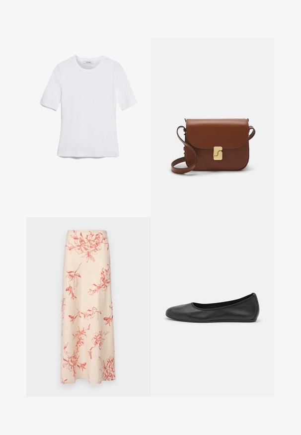Tricou alb cu mânecă scurtă, confectionat dintr-un material texturat. Gât rotund, tăietură regulară și detalii subtile de cusătură. Fără modele sau grafice.; Faithfull the brand ANTIBES MAXI SKIRT - Fustă maxi - vermilion; Balerini din piele neagră, cu vârf rotund, textură netedă, detalii de cusătură minimale și un design al tălpii flexibil.; Geantă de piele maro cu închidere tip capac, accesorii de culoare aurie, curea de umăr și o textură netedă. Formă compactă și rectangulară.