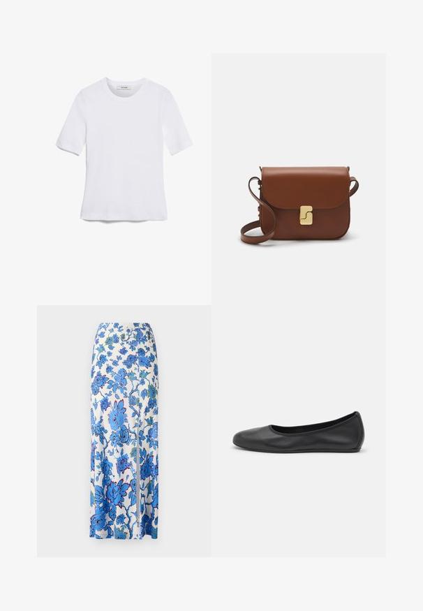 Bela kratka majica s kratkimi rokavi iz rebrastega materiala. Okrogla ovratnica, običajen kroj in subtilni šivi. Brez vzorcev ali grafik.; Maxi krilo iz belega blaga z modrim cvetličnim vzorcem. Ima stranski razporek in gladko, lahko teksturo.; Črne usnjene balerinke z zaobljenim nosom, gladko teksturo, minimalnimi šivi in fleksibilno zasnovo podplata.; Rjava usnjena torbica s poklopcem, zlato obarvani okovi, naramnica in gladka tekstura. Kompaktna pravokotna oblika.