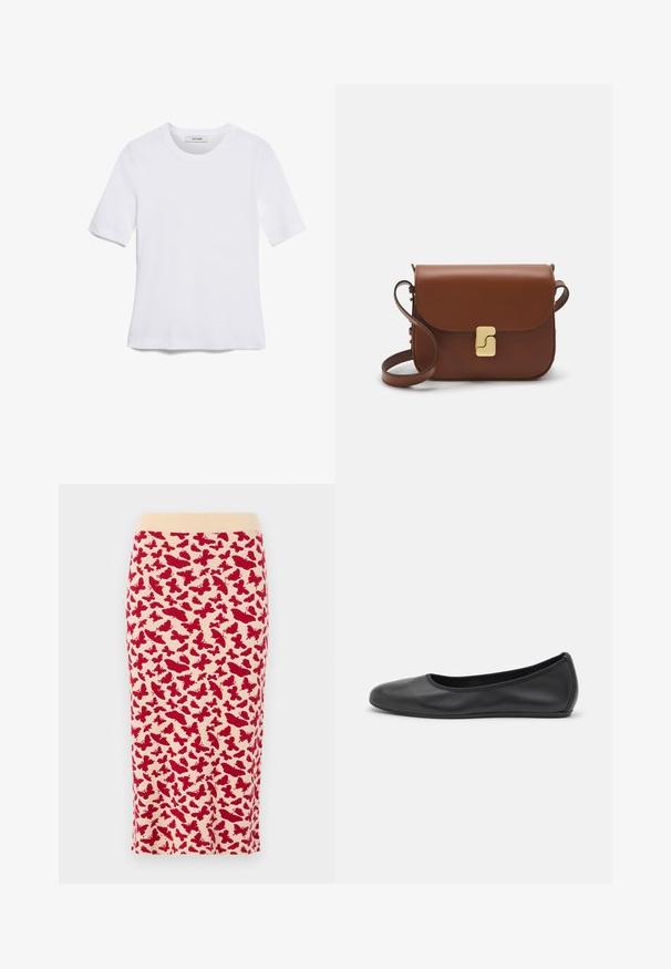 Weißes kurzärmliges T-Shirt aus geripptem Stoff. Runder Halsausschnitt, normale Passform und dezente Nähte. Keine Muster oder Grafiken.; Knielanger Bleistiftrock mit einem cremefarbenen Hintergrund und rotem Schmetterlingsmuster. Weicher Stoff mit einer taillierten Form und elastischem Bund.; Schwarze Leder-Ballettschuhe mit abgerundeter Spitze, glatter Textur, minimalen Nähdetails und einem flexiblen Sohlen-Design.; Braune Ledertasche mit Klappenverschluss, Beschlägen in Goldfarbe, einem Schultergurt und einer glatten Oberfläche. Kompakte rechteckige Form.
