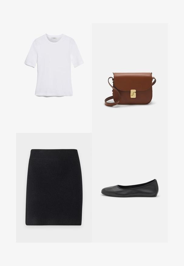 Weißes kurzärmliges T-Shirt aus geripptem Stoff. Runder Halsausschnitt, normale Passform und dezente Nähte. Keine Muster oder Grafiken.; Schwarzer Strickrock in gerader Form. Verfügt über einen breiten gerippten Bund und eine strukturierte Oberfläche, geeignet für legere Outfits.; Schwarze Leder-Ballettschuhe mit abgerundeter Spitze, glatter Textur, minimalen Nähdetails und einem flexiblen Sohlen-Design.; Braune Ledertasche mit Klappenverschluss, Beschlägen in Goldfarbe, einem Schultergurt und einer glatten Oberfläche. Kompakte rechteckige Form.