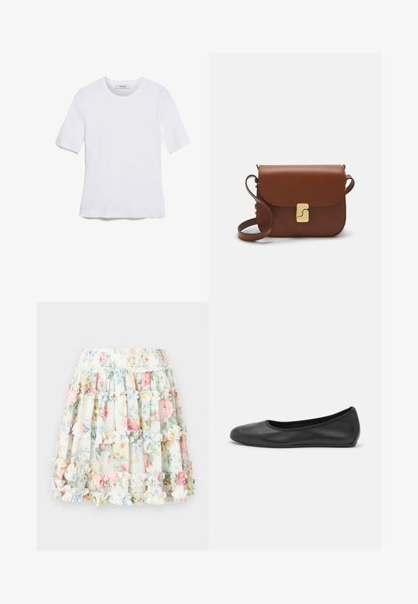 White short-sleeve t-shirt made of ribbed fabric. Round neckline, regular fit, and subtle stitching details. No patterns or graphics.; Floral tiered skirt with a cream background featuring pastel pink, blue, and green flowers. Elastic waistband with ruffled accents.; Black leather ballet flat with a rounded toe, smooth texture, minimal stitching detail, and a flexible sole design.; Brown leather handbag with a flap closure, gold-tone hardware, a shoulder strap, and a smooth texture. Compact rectangular shape.