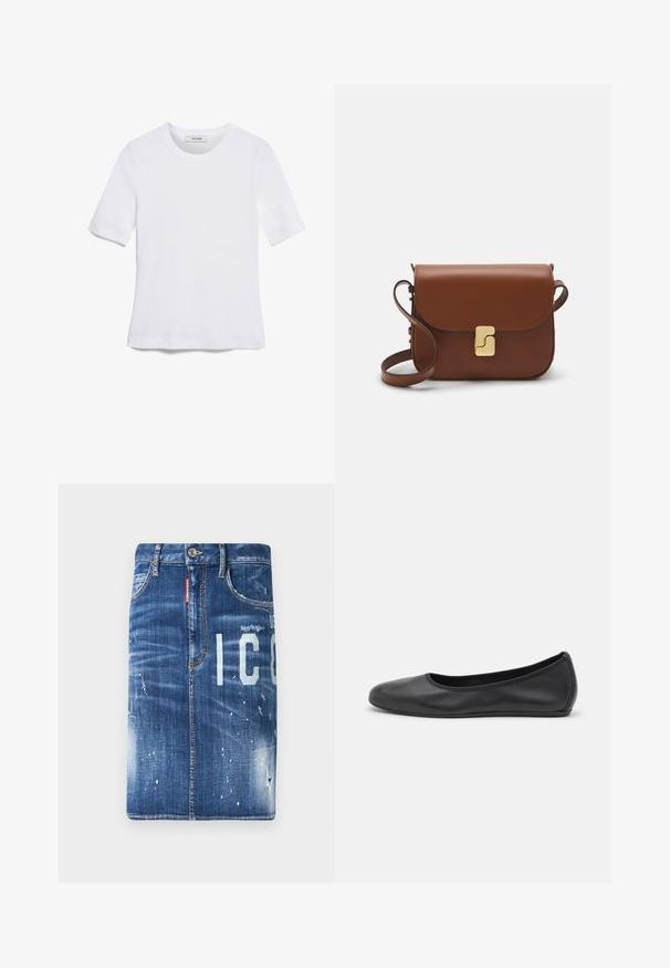 T-shirt blanc à manches courtes en tissu côtelé. Col rond, coupe régulière et détails de couture subtils. Aucune motif ni graphique.; Jupe en denim bleu foncé avec des détails usés, des taches blanches décolorées et des lettres imprimées. Caractéristiques d'une taille standard et d'une fermeture éclair.; Ballerines en cuir noir avec un bout rond, texture lisse, détails de couture minimalistes et design de semelle flexible.; Sac à main en cuir marron avec une fermeture à rabat, des accents en métal doré, une bandoulière et une texture lisse. Forme rectangulaire compacte.