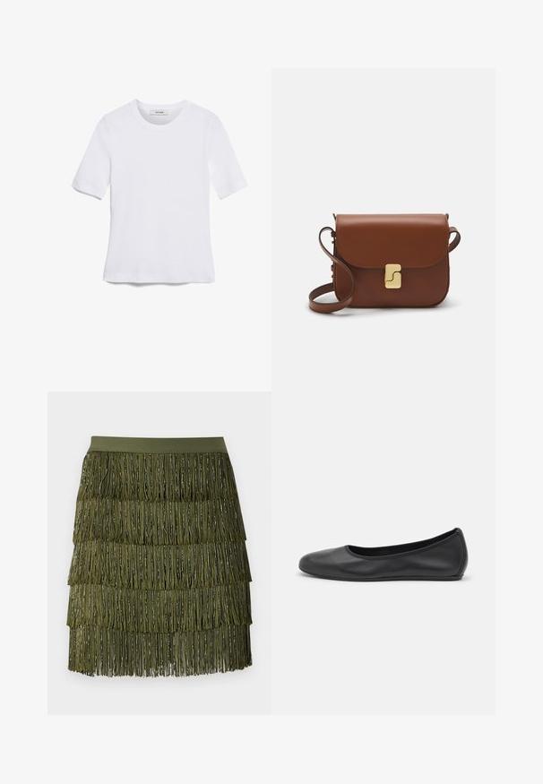 T-shirt blanc à manches courtes en tissu côtelé. Col rond, coupe régulière et détails de couture subtils. Aucune motif ni graphique.; WEEKEND MaxMara LUCY HALE GARONNA - Minijupe - verde kaki; Ballerines en cuir noir avec un bout rond, texture lisse, détails de couture minimalistes et design de semelle flexible.; Sac à main en cuir marron avec une fermeture à rabat, des accents en métal doré, une bandoulière et une texture lisse. Forme rectangulaire compacte.