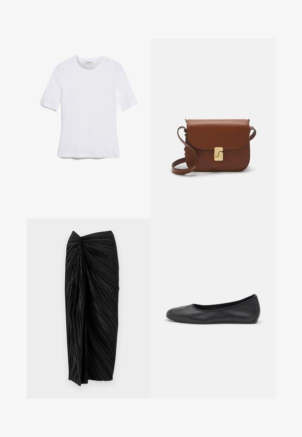 Camiseta de manga corta blanca hecha de tela de canalé. Cuello redondo, corte regular y detalles de costura sutiles. Sin patrones ni gráficos.; Falda negra plisada con un diseño retorcido en la cintura, que presenta fruncidos verticales y una silueta fluida. Textura suave en toda la prenda.; Bailarina de piel negra con punta redondeada, textura suave, detalle de costura minimalista y diseño de suela flexible.; Bolso de mano de cuero marrón con cierre de solapa, herrajes en tono dorado, correa para el hombro y una textura suave. Forma rectangular compacta.