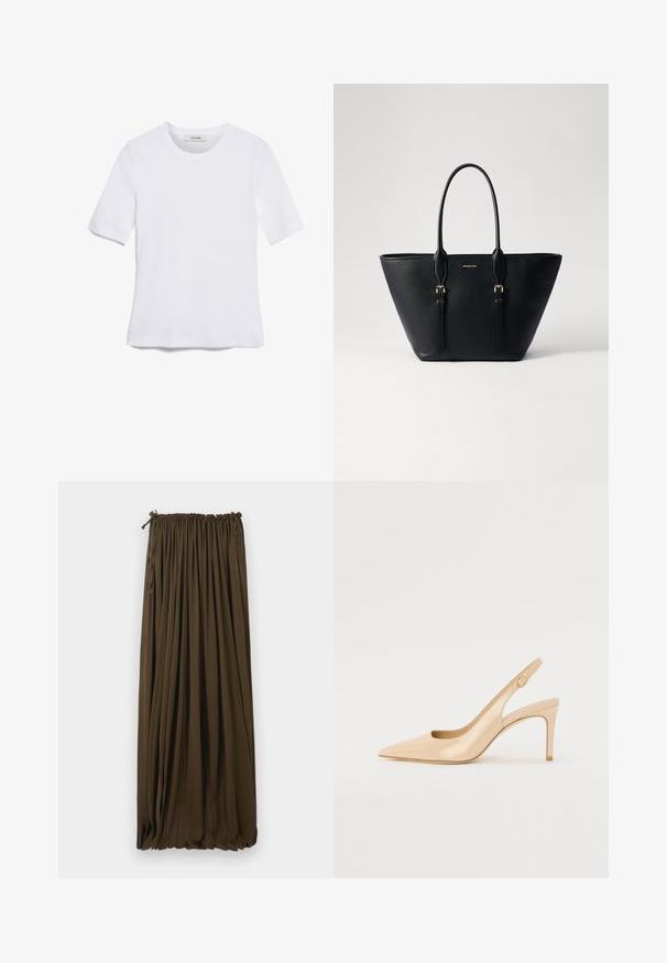 T-shirt de manga curta branca feita de tecido canelado. Decote redondo, ajuste regular e detalhes de costura subtis. Sem padrões ou gráficos.; Saia longa e castanha escura feita de tecido leve, com cintura elástica e pregas franzidas, criando uma aparência fluida.; Sandal de salto alto em verniz nude com bico afiado, vamp aberto e um salto stiletto fino. Apresenta um detalhe circular dourado na tira.; Bolsa tote de couro preto com acabamento texturizado, forma alongada, alças duplas e detalhes em metal dourado.