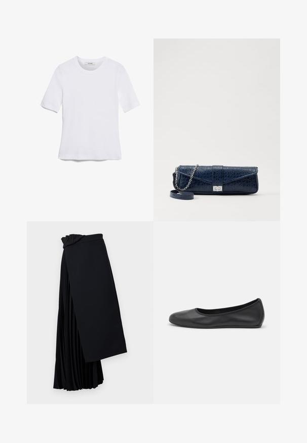 Tricou alb cu mânecă scurtă, confectionat dintr-un material texturat. Gât rotund, tăietură regulară și detalii subtile de cusătură. Fără modele sau grafice.; Fustă pliée neagră, realizată dintr-un material ușor. Dispune de un design cu talie drapată și o siluetă fluidă cu pliuri stratificate.; Balerini din piele neagră, cu vârf rotund, textură netedă, detalii de cusătură minimale și un design al tălpii flexibil.; Plică din piele de culoare bleumarin, cu textură de crocodil, curea din lanț argintie și clapetă metalică. Formă rectangulară cu design pliabil.