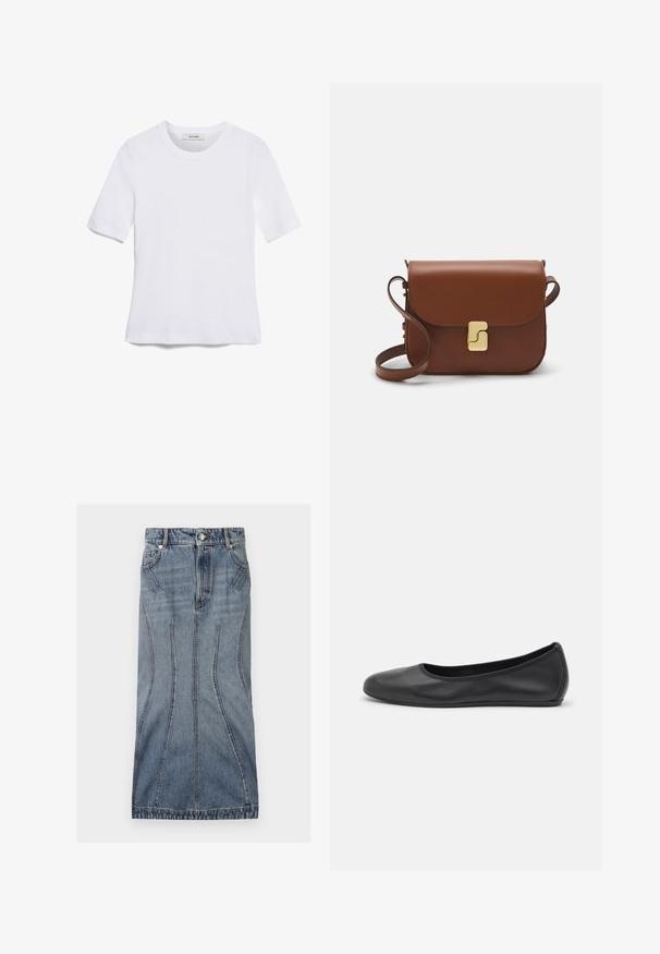 Valge lühikeste varrukatega T-särk ribatud kangast. Ümara kaelusega, tavalisest sobivusest ja peente õmbluse detailidega. Ilma mustrite või graafikateta.; Sportmax CASA - Teksaseelik - blue azure; Musthave mustika tantsutossud mustast nahast, ümmarguse varbaga, siledast tekstuurist, minimaalse õmblusdetailiga ja paindliku tallakujundusega.; Pruunist nahast käekott, millel on klapiga sulgur, kuldne riistvara, õlarihm ja sile tekstuur. Kompaktne ristkülikukujuline vorm.