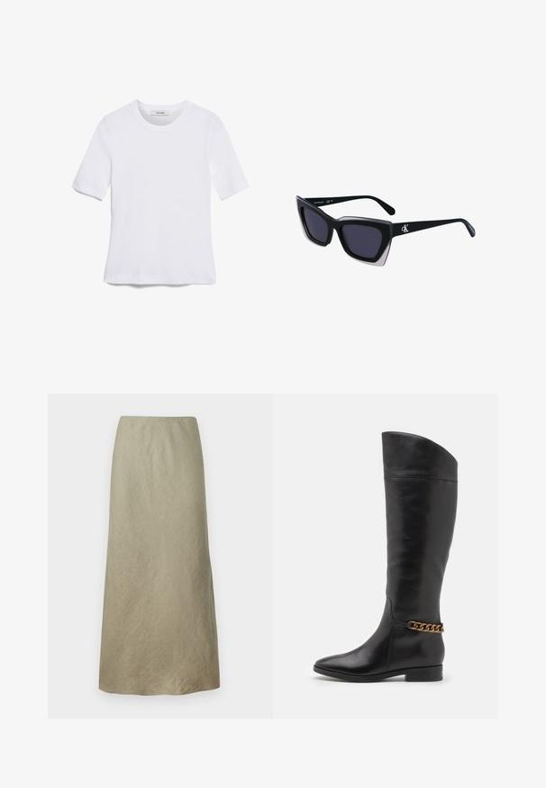 Bijela majica s kratkim rukavima izrađena od rebraste tkanine. Okrugli izrez, klasičan kroj i suptilni detalji šivanja. Bez uzoraka ili grafika.; Suknja do koljena, A-linija, izrađena od mekanog, maslinasto zelenog materijala sa suptilnom teksturom i bez vidljivih kopči ili ukrasa.; Visoke crne kožne čizme s elegantnim dizajnom, šiljastim vrhom i zlatnim lančićem oko gležnja. Nizak blok potpetica. Glatka tekstura.; Crne oversize sunčane naočale geometrijskog oblika, s tamnim staklima i kontrastnom sivom dekoracijom na okviru. Logo na dršci.