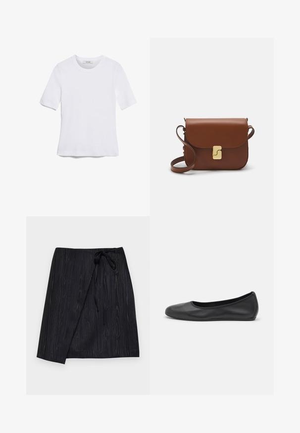 Bela kratka majica s kratkimi rokavi iz rebrastega materiala. Okrogla ovratnica, običajen kroj in subtilni šivi. Brez vzorcev ali grafik.; Črna zavita krila s teksturo lesenega vzorca, ki ima zanko za zapiranje na pasu in ravno silhueto.; Črne usnjene balerinke z zaobljenim nosom, gladko teksturo, minimalnimi šivi in fleksibilno zasnovo podplata.; Rjava usnjena torbica s poklopcem, zlato obarvani okovi, naramnica in gladka tekstura. Kompaktna pravokotna oblika.
