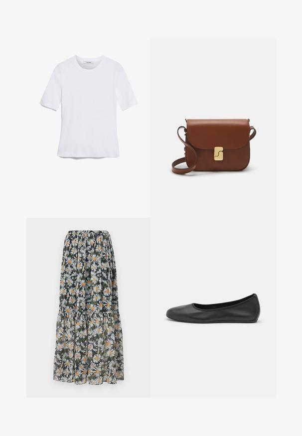 T-shirt bianca a maniche corte realizzata in tessuto a costine. Collo rotondo, vestibilità regolare e dettagli di cucitura sottili. Senza motivi o grafiche.; Gonna maxi floreale con uno sfondo scuro, margherite bianche e centri arancioni. Vita arricciata e design a strati con una texture traslucida.; Pantofole da balletto nere in pelle con punta arrotondata, texture liscia, dettagli di cucitura minimi e design con suola flessibile.; Borsa a tracolla in pelle marrone con chiusura a pattina, hardware color oro, tracolla e una finitura liscia. Forma rettangolare compatta.