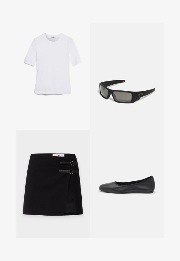 Hvit kortermet t-skjorte laget av ribbestrikket materiale. Rund hals, vanlig passform og subtile sømdetaljer. Ingen mønstre eller grafikk.; Svart mini skjørt med omslagdesign, som har to dekorative svarte stropper med metallakenter foran. Glatt stofftekstur.; Svart skinnballettflatt med rund tå, glatt tekstur, minimal sømdetalj, og et fleksibelt såledesign.; Sorte solbriller med mat finish, rektangulære linser, lett kurv på brillestengene, diskret logo detaljer, og røyktinted linser.