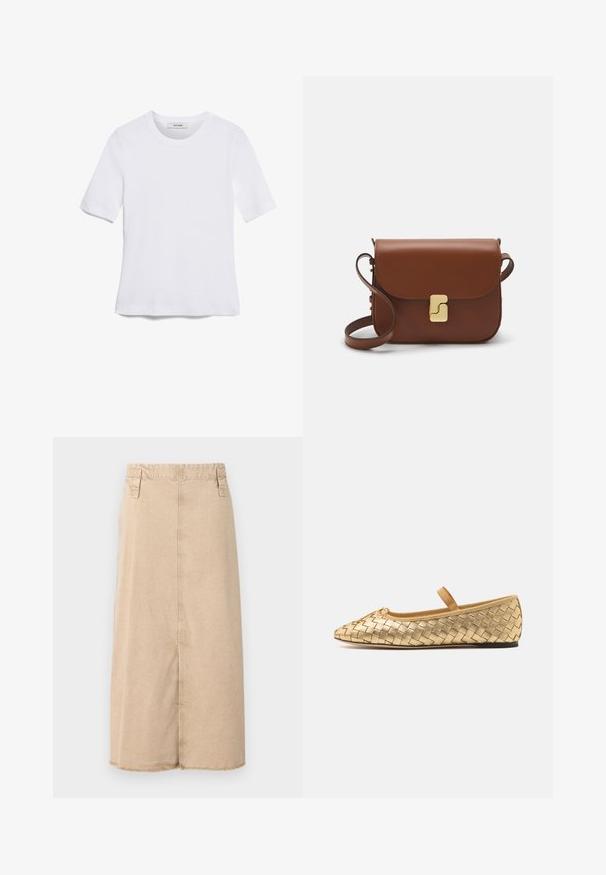 Fehér, rövid ujjú póló ribbed anyagból. Kerek nyakkivágás, normál szabás és diszkrét varrási részletek. Nincsenek minták vagy grafikák.; Beige farmernadrág szoknya középig érő hosszúsággal, szakadt szegéllyel, két oldalsó zsebbel és varrott díszítéssel a derékrészen.; Loeffler Randall LEONIE SOFT BALLET FLAT - Bokapántos balerina cipők - gold; Barna bőr kézitáska, hajtókás zárással, arany színű fém kiegészítőkkel, vállpánttal és sima felülettel. Kompakt téglalap alakú.